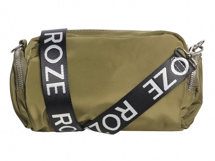 Bolso pequeño de color verde oliva marca ROZE con cierres metálicos plateados.