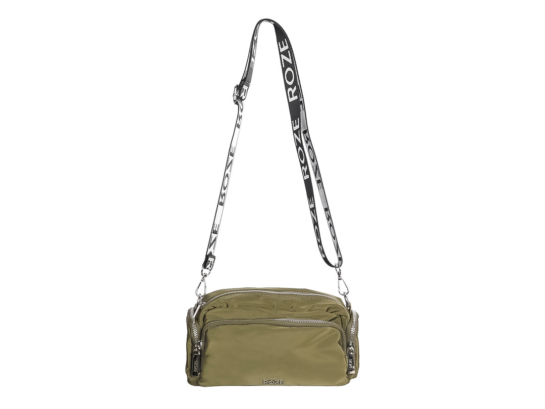 Bolso pequeño de color verde oliva marca ROZE con cierres metálicos plateados.