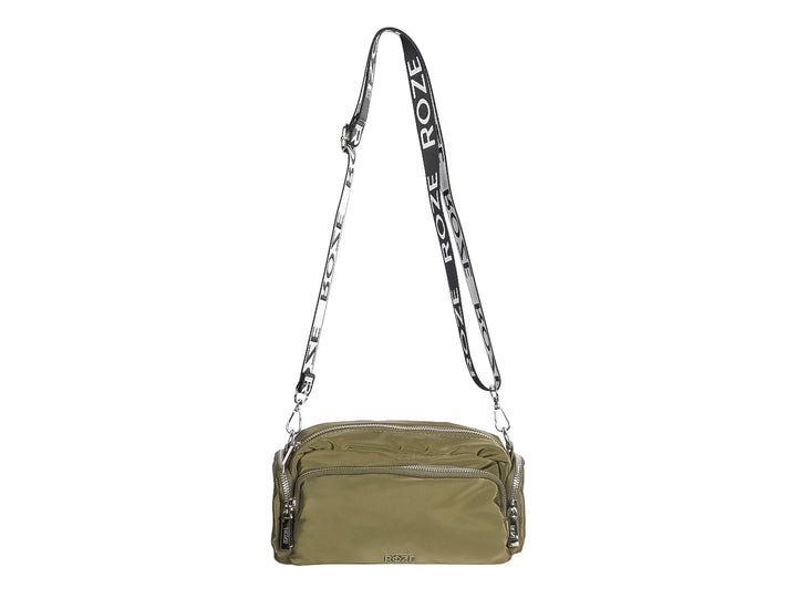 Bolso pequeño de color verde oliva marca ROZE con cierres metálicos plateados.