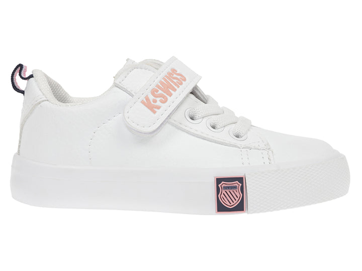 Tenis blancos K-SWISS para bebé con correa de velcro y detalles en rosa.