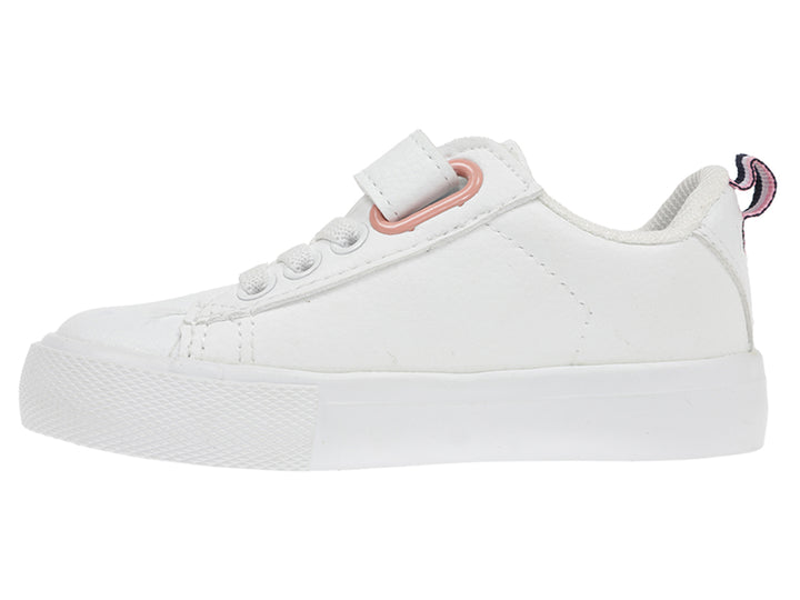 Tenis blancos K-SWISS para bebé con correa de velcro y detalles en rosa.