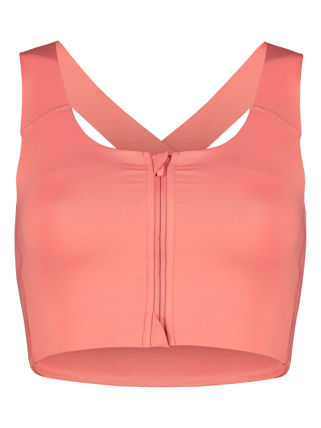 Top deportivo color durazno para mujer con cierre frontal y tirantes anchos.