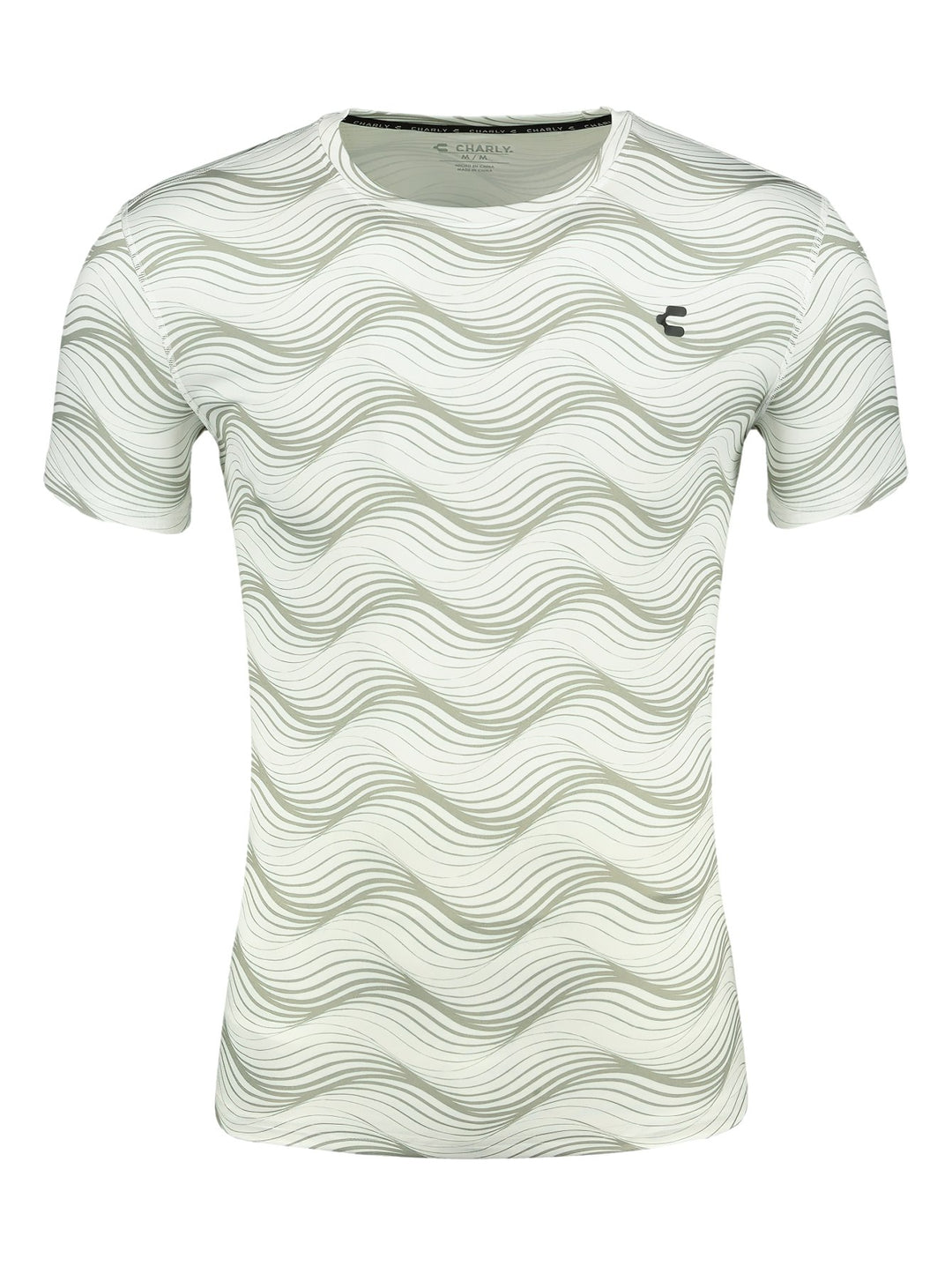 Playera deportiva blanca de manga corta con diseño de líneas onduladas en color verde claro.