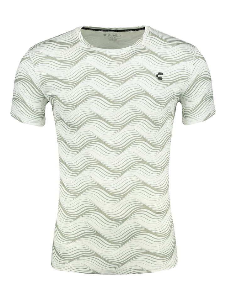 Playera deportiva blanca de manga corta con diseño de líneas onduladas en color verde claro.