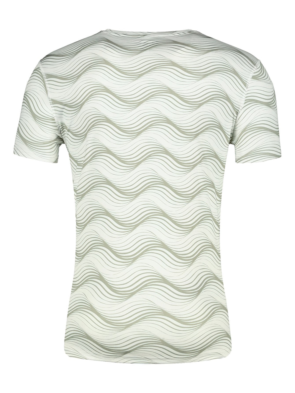 Playera deportiva blanca de manga corta con diseño de líneas onduladas en color verde claro.