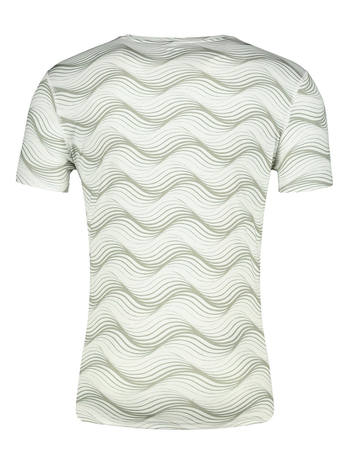 Playera deportiva blanca de manga corta con diseño de líneas onduladas en color verde claro.