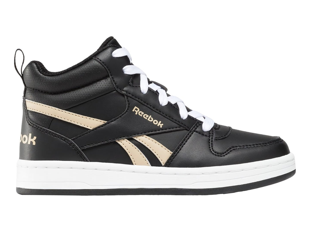 Tenis Reebok Royal Prime Mid 2.0 color negro con suela blanca y detalles laterales en beige.