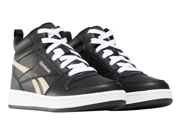 Tenis Reebok Royal Prime Mid 2.0 color negro con suela blanca y detalles laterales en beige.