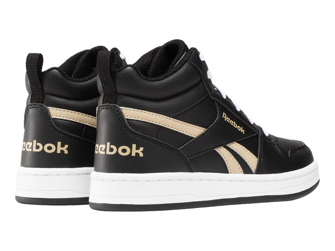 Tenis Reebok Royal Prime Mid 2.0 color negro con suela blanca y detalles laterales en beige.