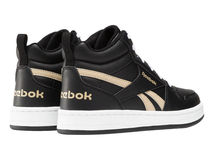 Tenis Reebok Royal Prime Mid 2.0 color negro con suela blanca y detalles laterales en beige.