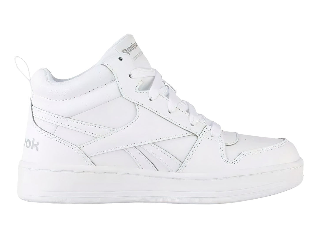 Tenis Reebok Royal Prime Mid 2.0 en color blanco total, vista lateral de corte medio.