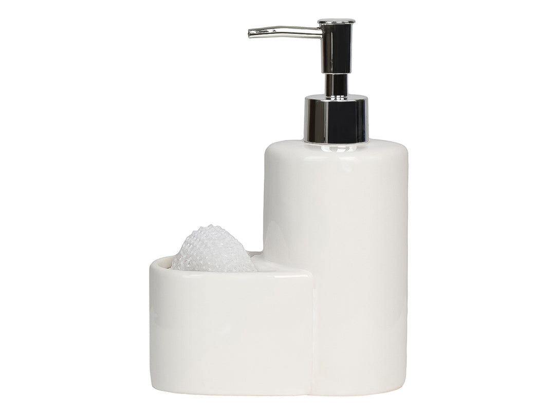Dispensador de jabón blanco con porta esponja integrado y bomba plateada sobre fondo blanco.