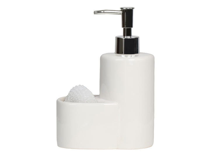 Dispensador de jabón blanco con porta esponja integrado y bomba plateada sobre fondo blanco.