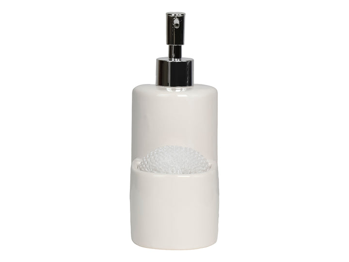 Dispensador de jabón blanco con porta esponja integrado y bomba plateada sobre fondo blanco.