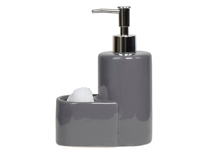 Dispensador de jabón líquido con porta esponja integrado en cerámica color gris y bomba metálica plateada.