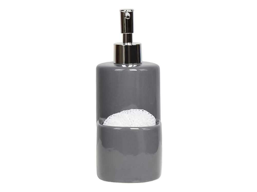 Dispensador de jabón líquido con porta esponja integrado en cerámica color gris y bomba metálica plateada.