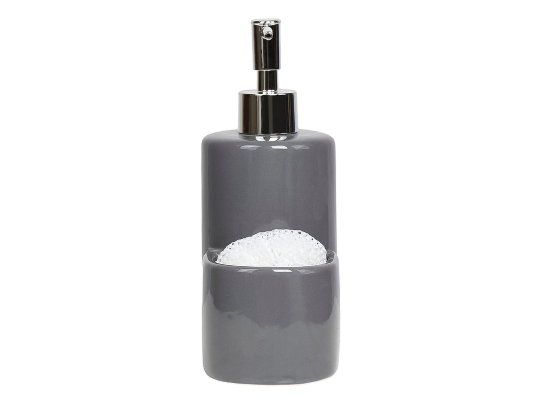 Dispensador de jabón líquido con porta esponja integrado en cerámica color gris y bomba metálica plateada.