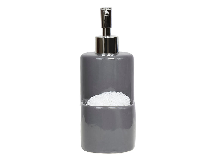 Dispensador de jabón líquido con porta esponja integrado en cerámica color gris y bomba metálica plateada.