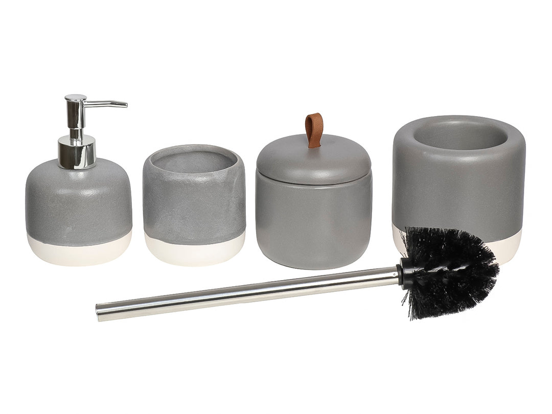 Set de accesorios para baño de 4 piezas en color gris y blanco, incluye dispensador, porta cepillos y cepillo sanitario.