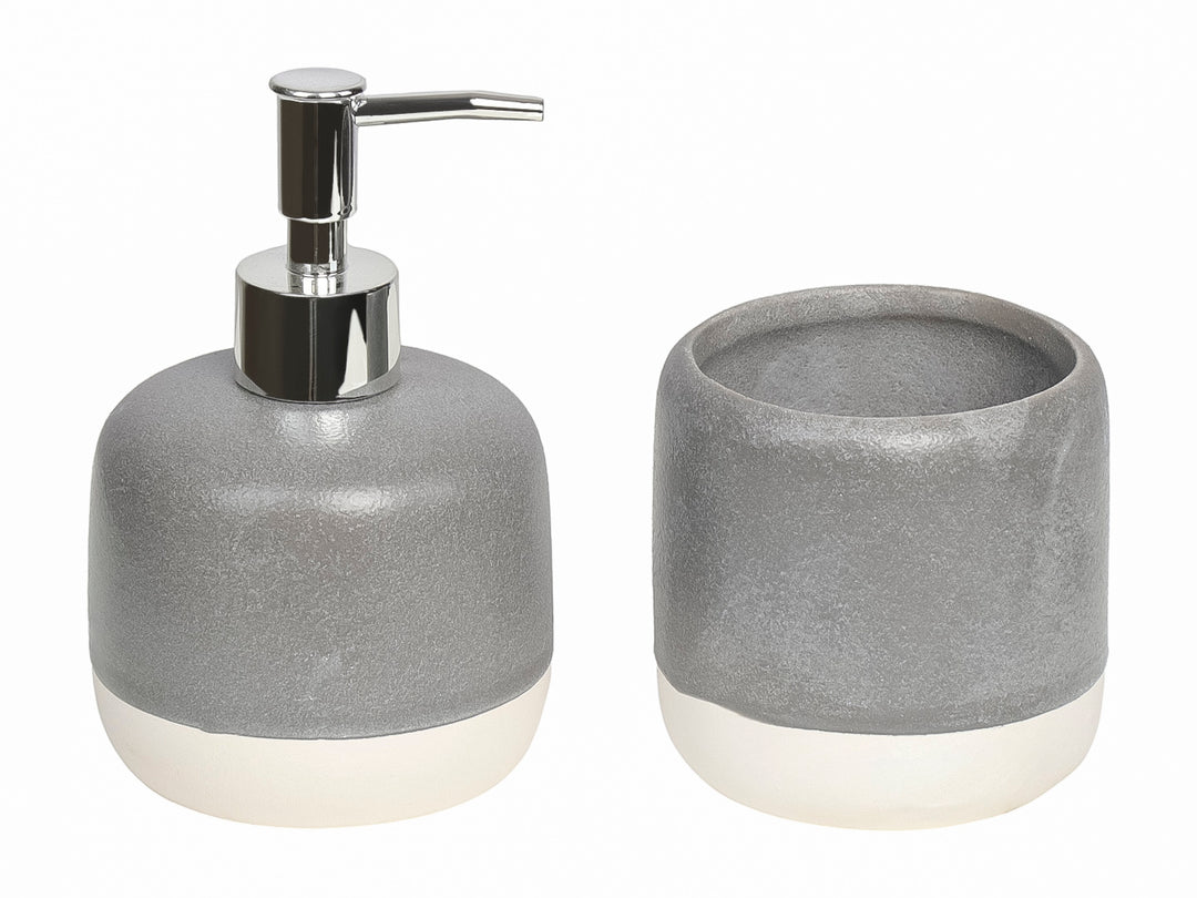 Set de accesorios para baño de 4 piezas en color gris y blanco, incluye dispensador, porta cepillos y cepillo sanitario.