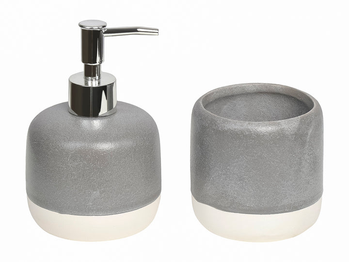 Set de accesorios para baño de 4 piezas en color gris y blanco, incluye dispensador, porta cepillos y cepillo sanitario.