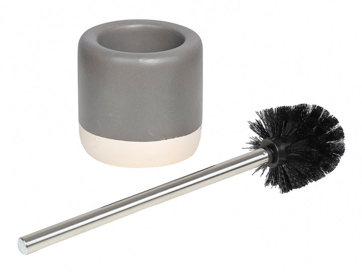 Set de accesorios para baño de 4 piezas en color gris y blanco, incluye dispensador, porta cepillos y cepillo sanitario.