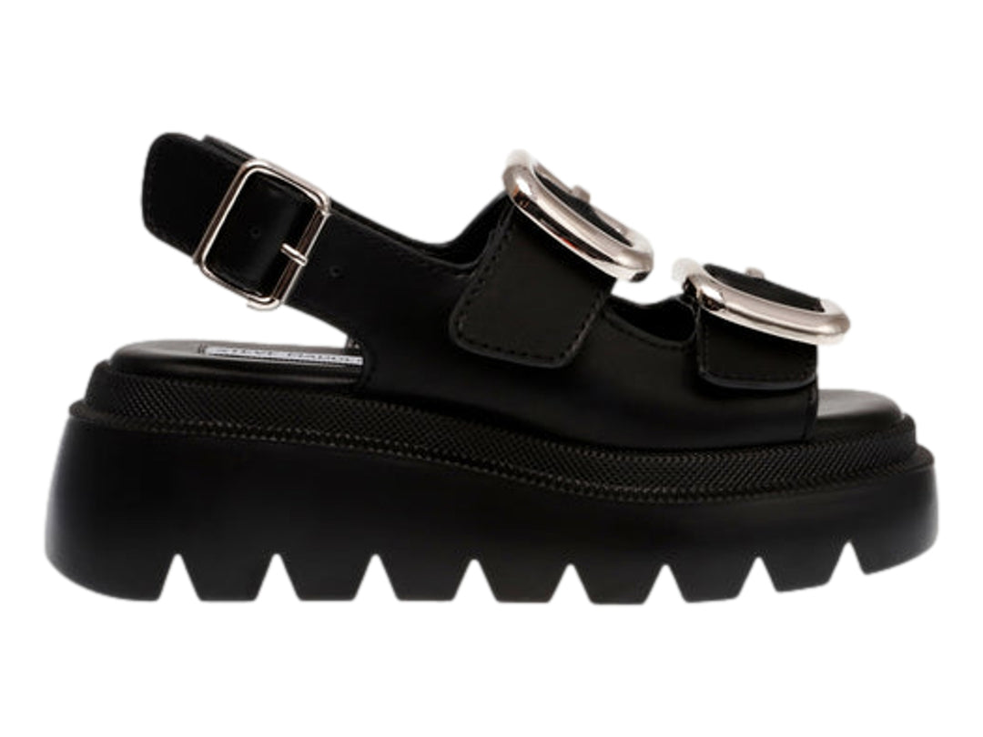 Sandalias negras de plataforma Steve Madden con suela dentada y hebillas plateadas.