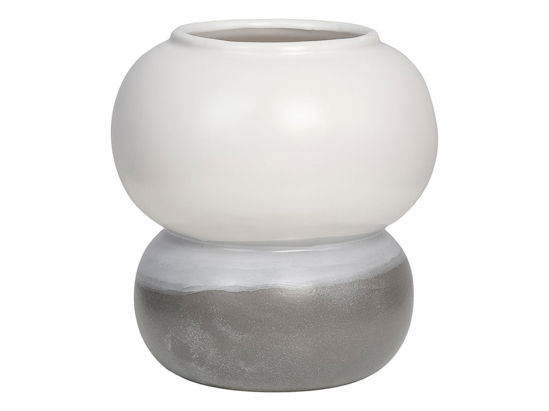 Florero decorativo de cerámica en forma esférica segmentada, con la parte superior blanca y la base gris.