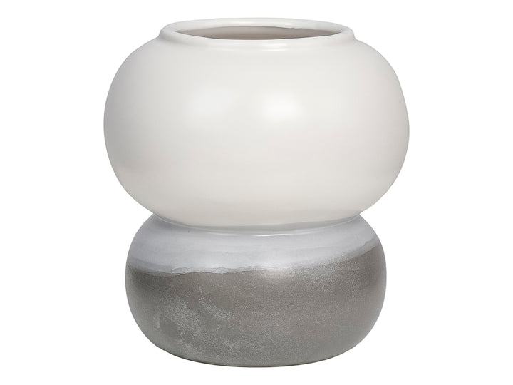 Florero decorativo de cerámica en forma esférica segmentada, con la parte superior blanca y la base gris.