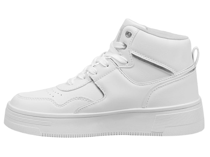 Tenis K-Swiss modelo Lori en color blanco con detalles plateados y suela de plataforma.
