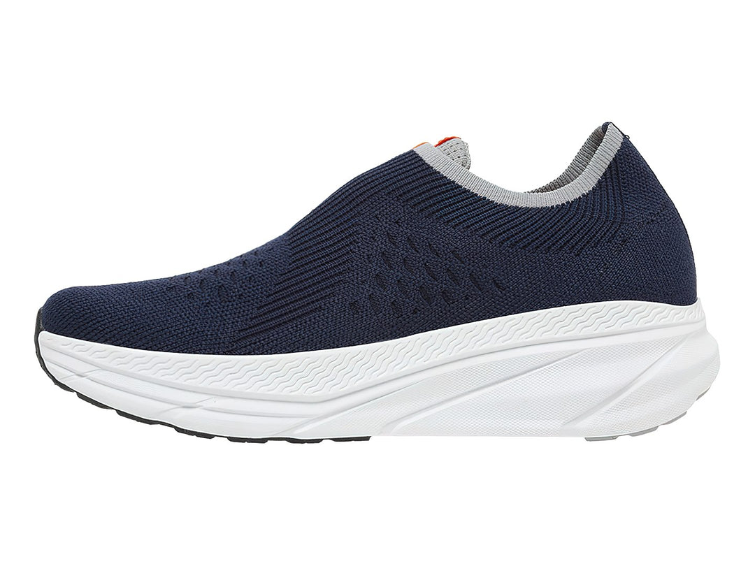 Tenis deportivos Lotto color azul marino con suela blanca y detalles en naranja, estilo slip-on.