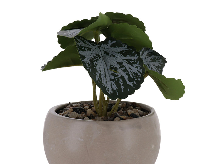 Planta artificial en maceta decorativa de cerámica bicoloreada en beige y blanco.