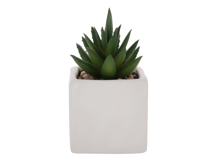 Planta artificial suculenta verde en maceta cuadrada blanca de dolomita.