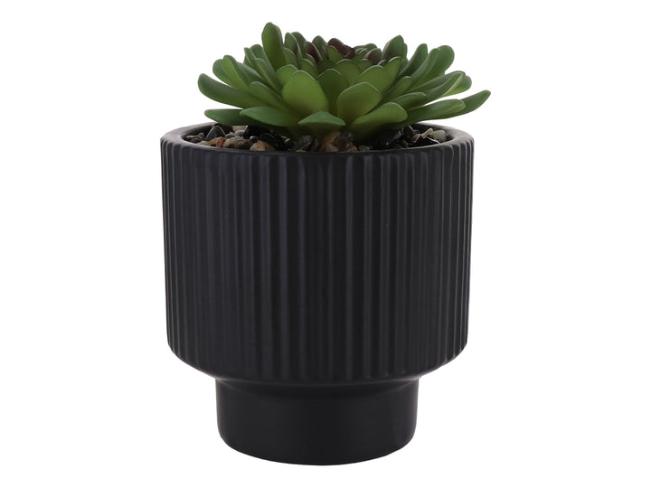 Planta artificial suculenta en maceta decorativa de dolomita color negro con textura acanalada.