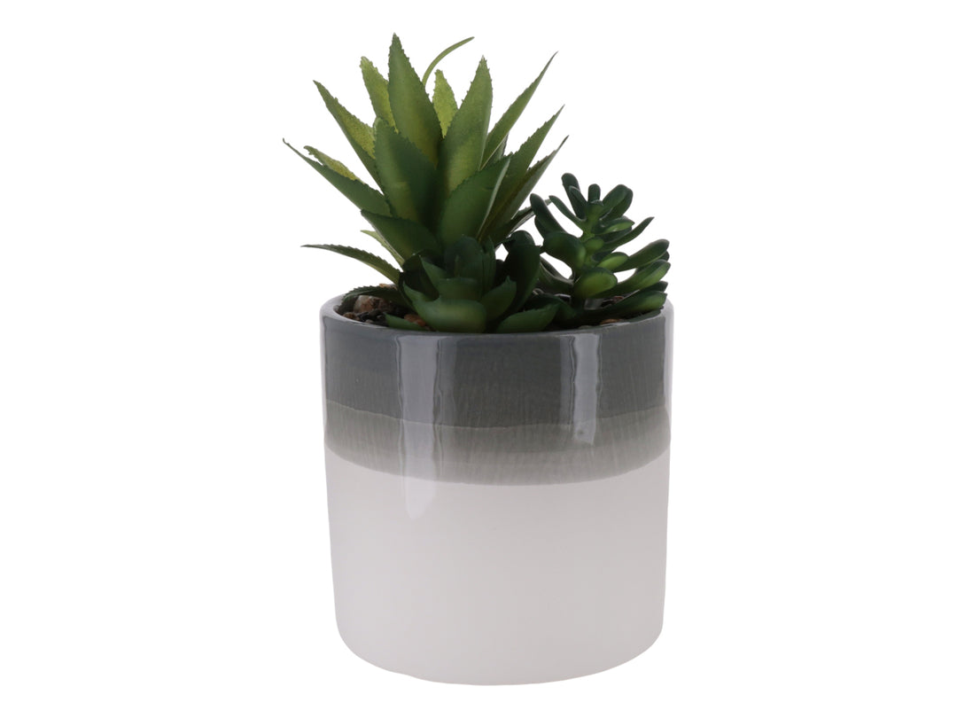 Planta artificial verde en maceta cilíndrica bicolor blanco y gris.