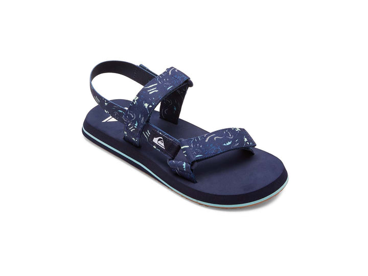 Sandalia Quiksilver azul marino con correas ajustables y suela con franja azul claro.