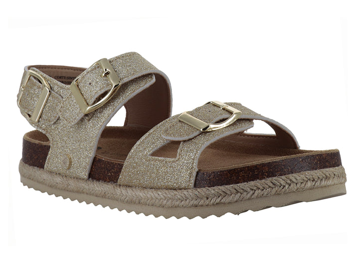 Sandalias doradas brillantes para niña con tres correas ajustables mediante hebillas y suela de plataforma marrón.