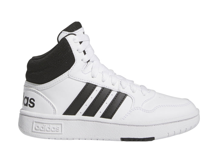 Tenis Adidas Hoops 3.0 Mid color blanco con cuello y franjas negras.