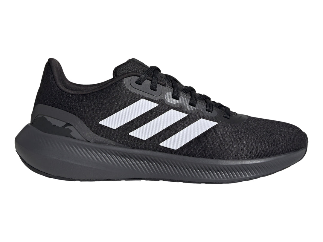 Tenis deportivos Adidas Runfalcon 3.0 color negro con tres franjas blancas laterales y suela gris oscuro.