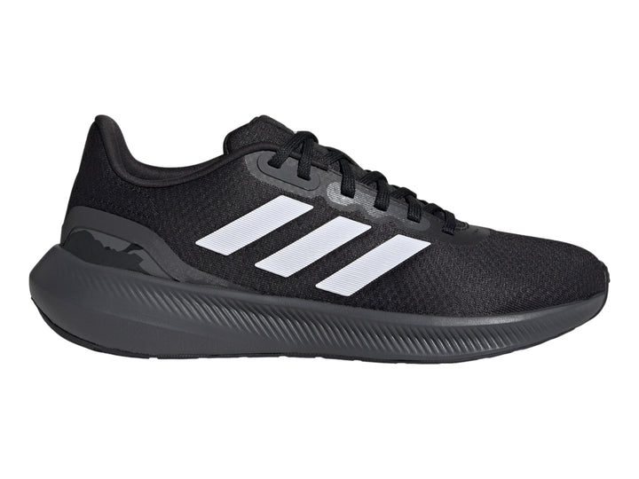 Tenis deportivos Adidas Runfalcon 3.0 color negro con tres franjas blancas laterales y suela gris oscuro.
