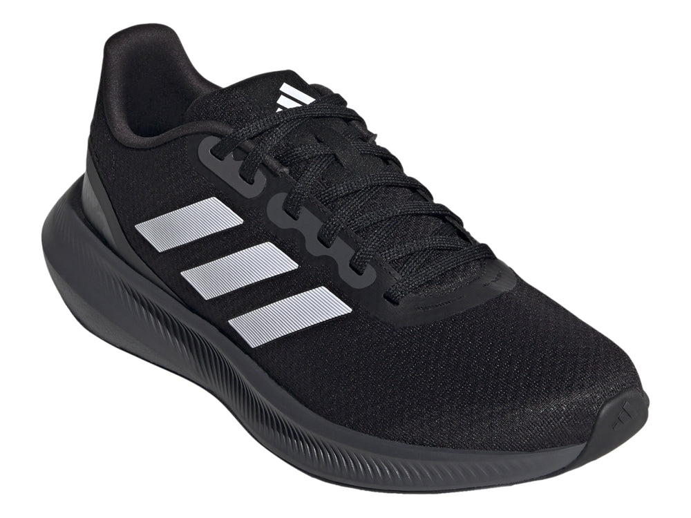 Tenis deportivos Adidas Runfalcon 3.0 color negro con tres franjas blancas laterales y suela gris oscuro.