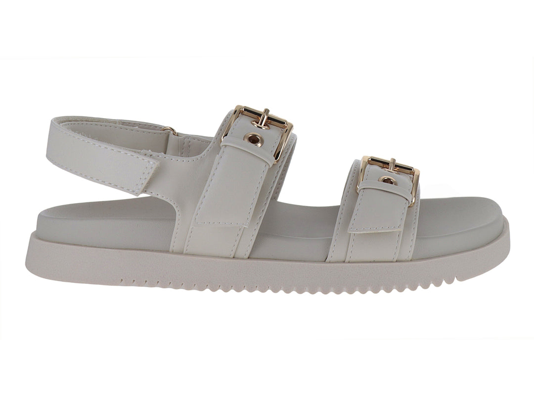 Sandalias Madden Girl Sprint color bone con plataforma y hebillas doradas.