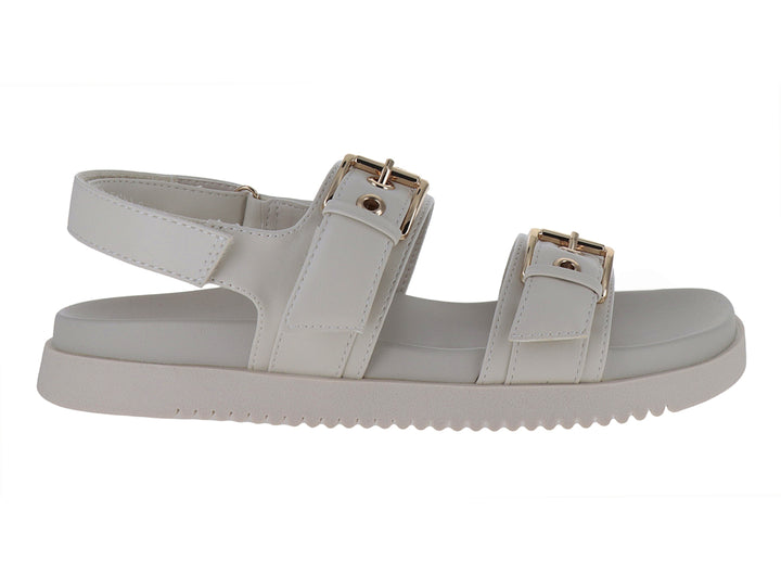 Sandalias Madden Girl Sprint color bone con plataforma y hebillas doradas.