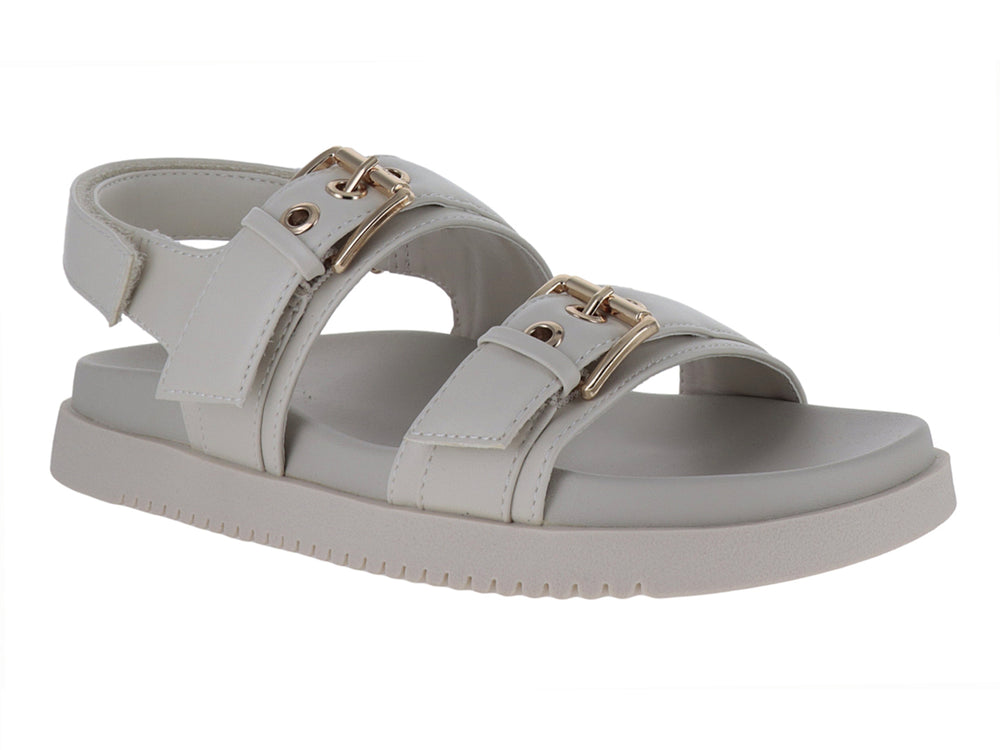 Sandalias Madden Girl Sprint color bone con plataforma y hebillas doradas.