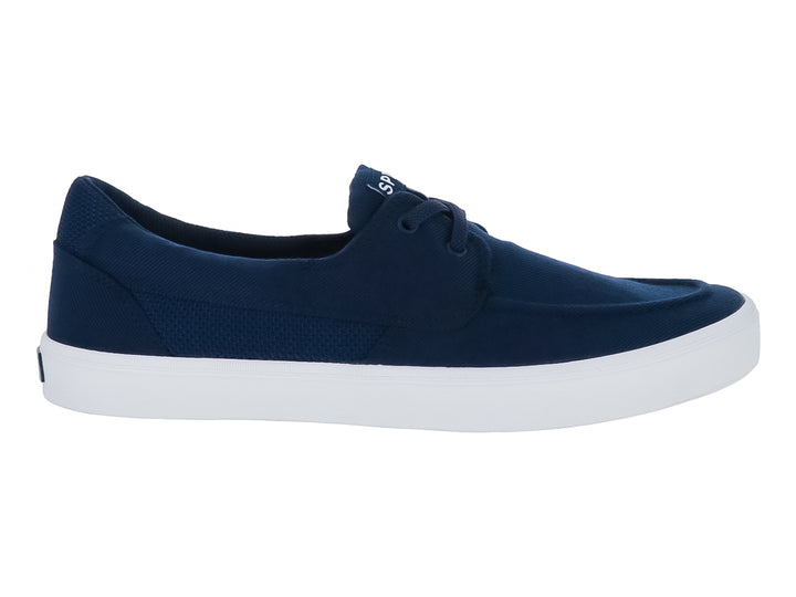 Zapatillas Sperry de tela color azul marino con suela blanca y cordones.