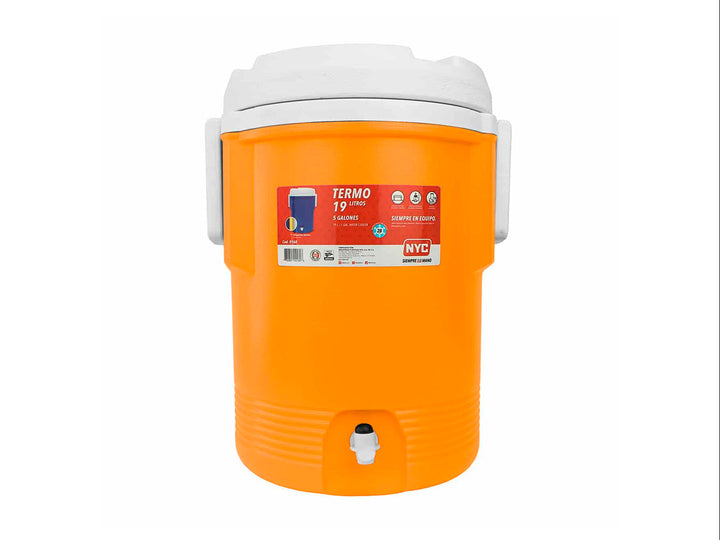 Termo dispensador de bebidas marca NYC en color naranja con tapa y asas blancas y grifo inferior.