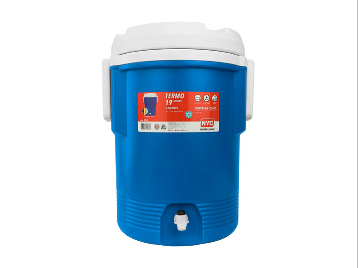 Termo dispensador de bebidas marca NYC en color naranja con tapa y asas blancas y grifo inferior.