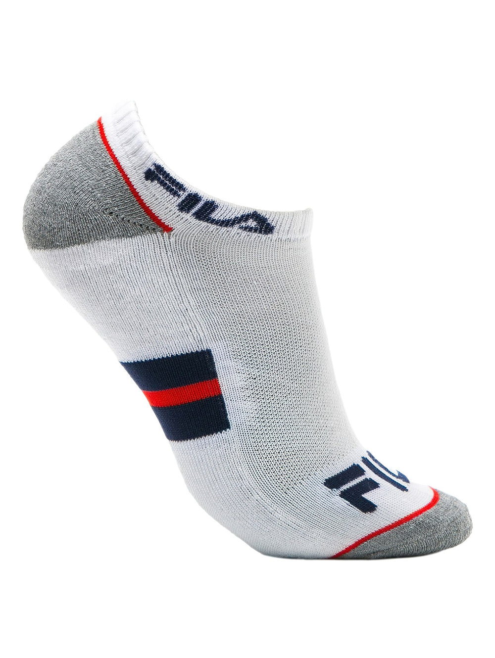 Pack de 3 pares de calcetines cortos FILA en colores blanco y gris con detalles en azul y rojo.