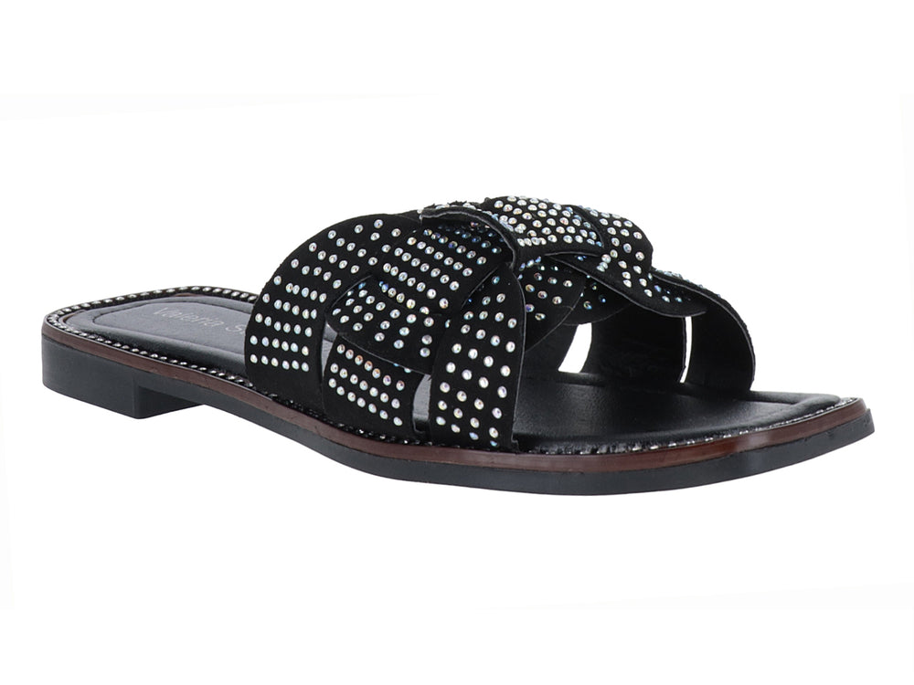 Sandalia negra para Mujer estilo slide con adornos de pedrería brillante en la correa superior.