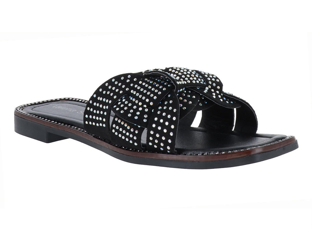 Sandalia negra para Mujer estilo slide con adornos de pedrería brillante en la correa superior.